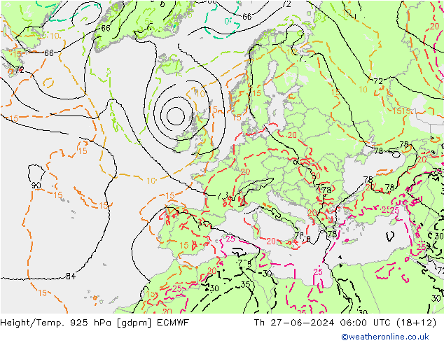 Height/Temp. 925 hPa ECMWF 星期四 27.06.2024 06 UTC