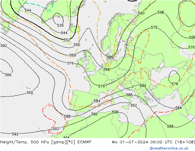 Hoogte/Temp. 500 hPa ECMWF ma 01.07.2024 06 UTC