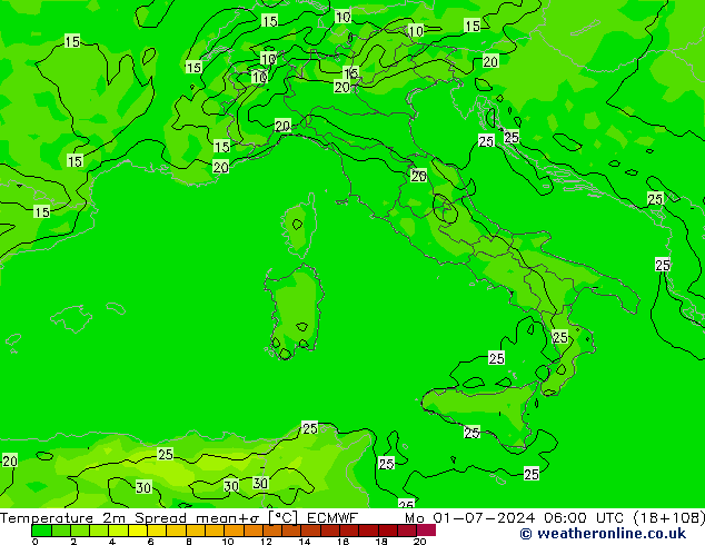 Temperatuurkaart Spread ECMWF ma 01.07.2024 06 UTC