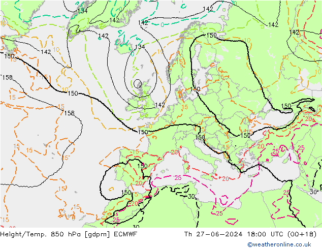 Hoogte/Temp. 850 hPa ECMWF do 27.06.2024 18 UTC