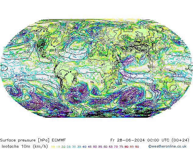 Eşrüzgar Hızları (km/sa) ECMWF Cu 28.06.2024 00 UTC