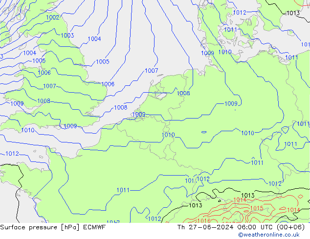 Presión superficial ECMWF jue 27.06.2024 06 UTC
