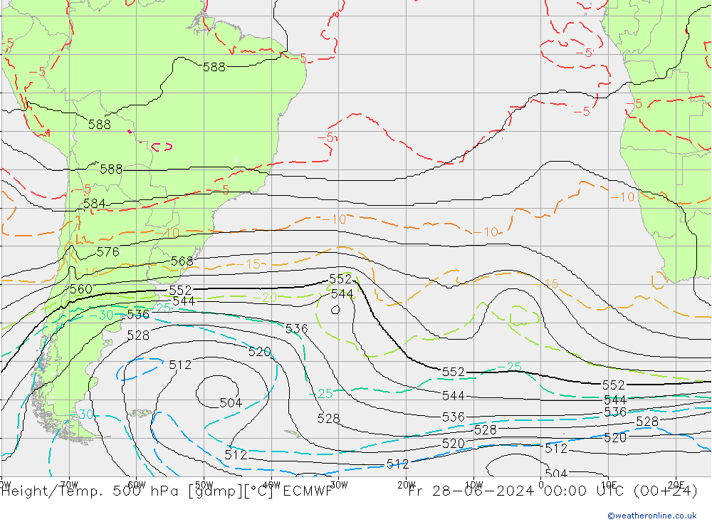 Hoogte/Temp. 500 hPa ECMWF vr 28.06.2024 00 UTC