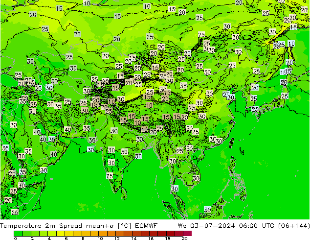 Temperatuurkaart Spread ECMWF wo 03.07.2024 06 UTC