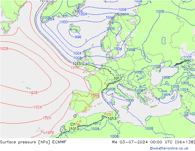Surface pressure ECMWF We 03.07.2024 00 UTC