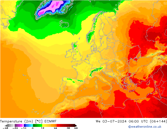 Temperature (2m) ECMWF We 03.07.2024 06 UTC