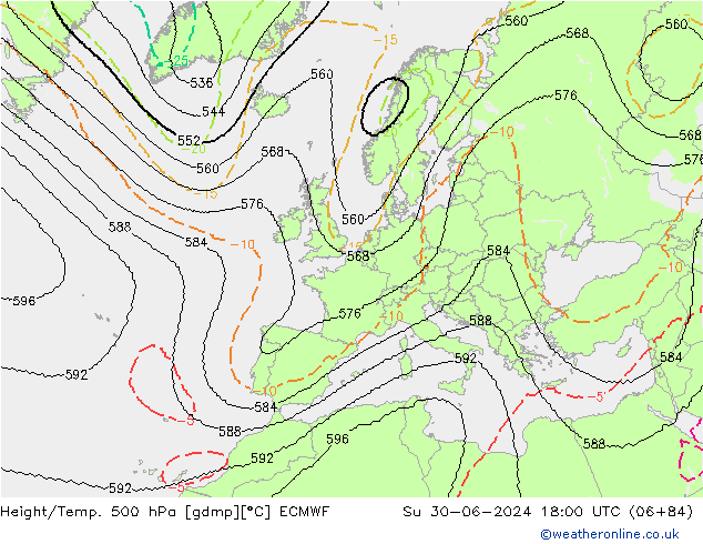 Hoogte/Temp. 500 hPa ECMWF zo 30.06.2024 18 UTC