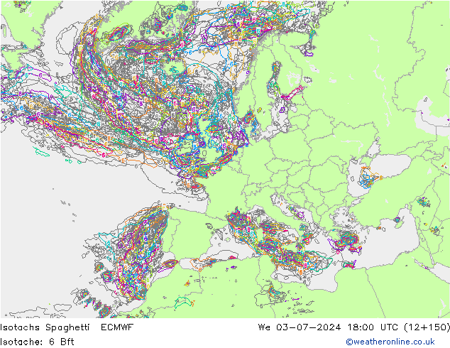 Isotachs Spaghetti ECMWF 星期三 03.07.2024 18 UTC