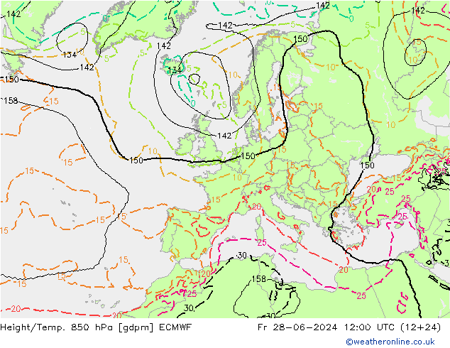Hoogte/Temp. 850 hPa ECMWF vr 28.06.2024 12 UTC
