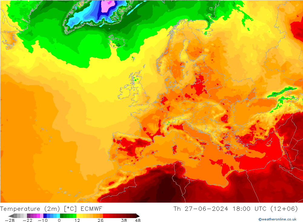 Temperatuurkaart (2m) ECMWF do 27.06.2024 18 UTC