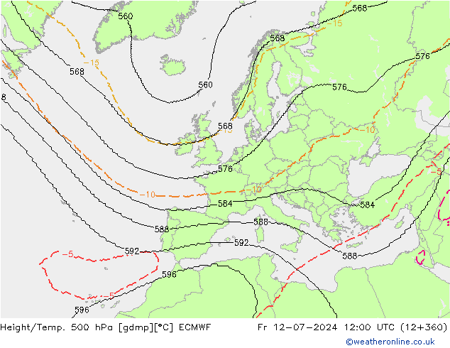 Hoogte/Temp. 500 hPa ECMWF vr 12.07.2024 12 UTC