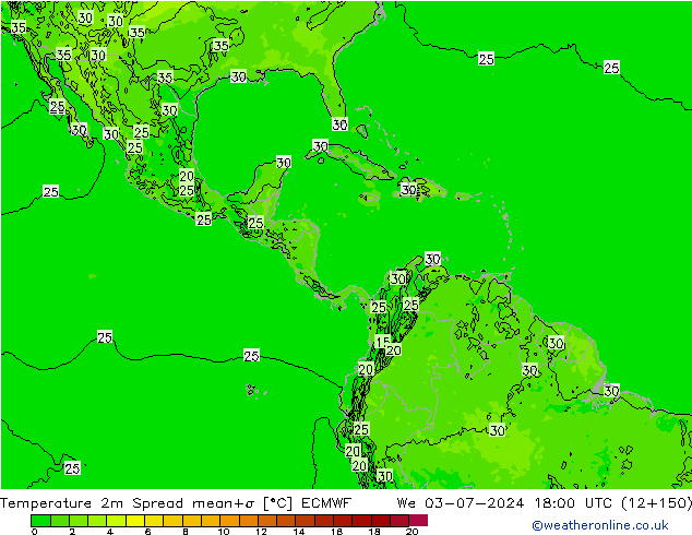 Temperatuurkaart Spread ECMWF wo 03.07.2024 18 UTC