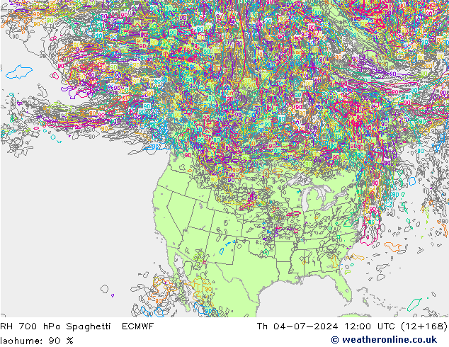 Humidité rel. 700 hPa Spaghetti ECMWF jeu 04.07.2024 12 UTC