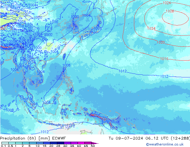 Totale neerslag (6h) ECMWF di 09.07.2024 12 UTC