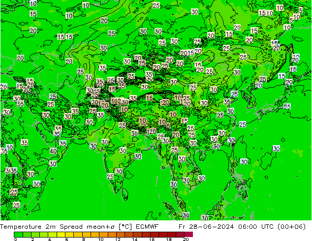 Temperatuurkaart Spread ECMWF vr 28.06.2024 06 UTC
