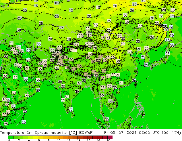Temperatuurkaart Spread ECMWF vr 05.07.2024 06 UTC
