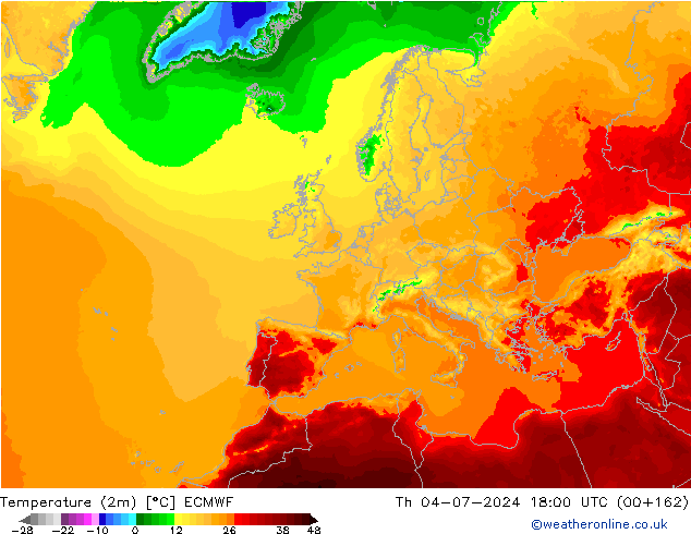 Temperatuurkaart (2m) ECMWF do 04.07.2024 18 UTC