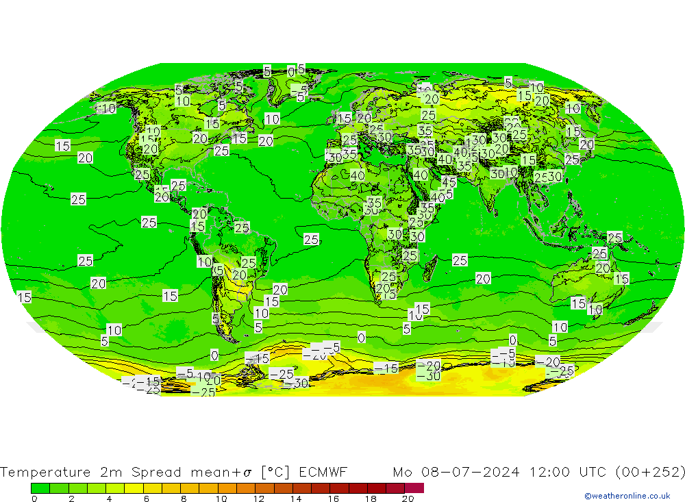 Temperature 2m Spread ECMWF Mo 08.07.2024 12 UTC