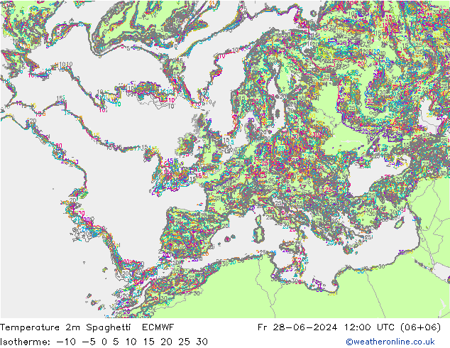 Temperatuurkaart Spaghetti ECMWF vr 28.06.2024 12 UTC