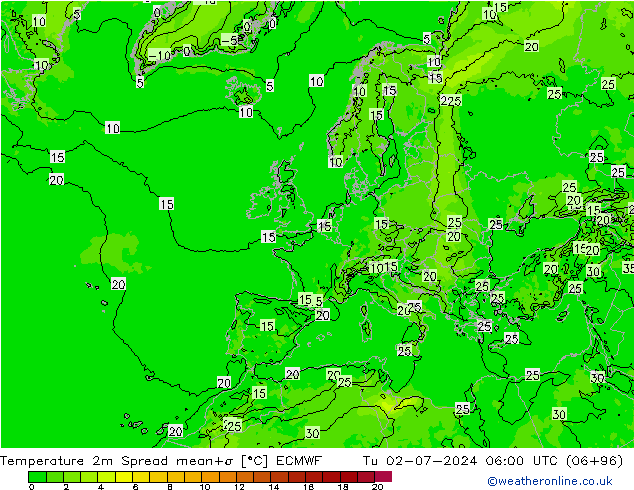 Temperatuurkaart Spread ECMWF di 02.07.2024 06 UTC