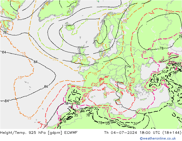 Height/Temp. 925 hPa ECMWF 星期四 04.07.2024 18 UTC