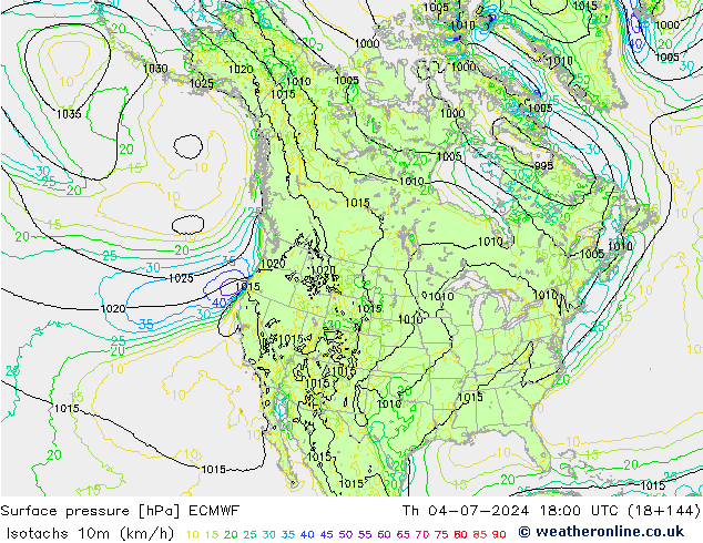 10米等风速线 (kph) ECMWF 星期四 04.07.2024 18 UTC