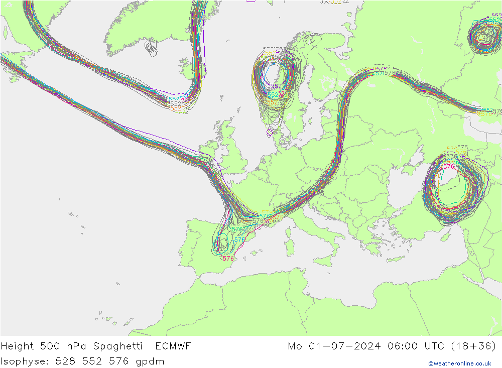 Hoogte 500 hPa Spaghetti ECMWF ma 01.07.2024 06 UTC