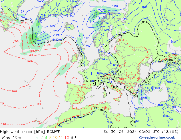 High wind areas ECMWF 星期日 30.06.2024 00 UTC