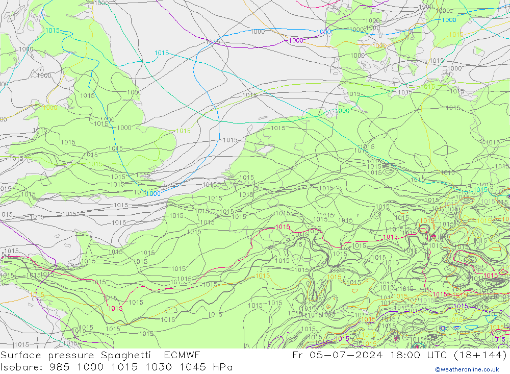 地面气压 Spaghetti ECMWF 星期五 05.07.2024 18 UTC