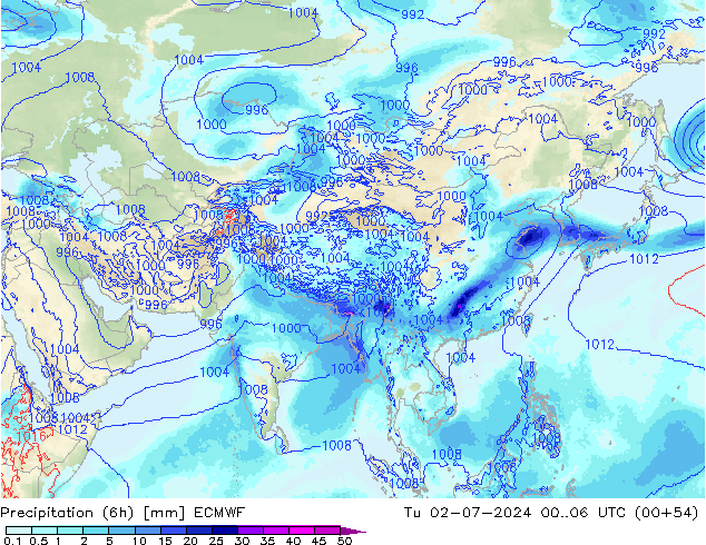 Totale neerslag (6h) ECMWF di 02.07.2024 06 UTC