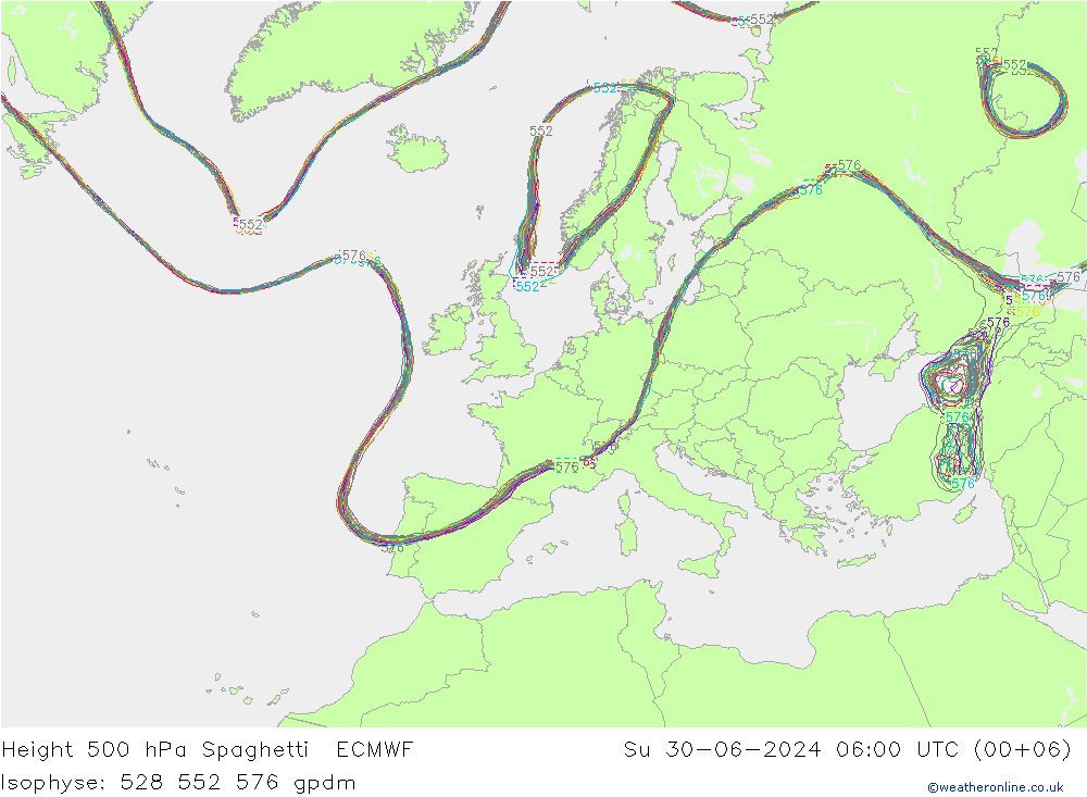 Height 500 hPa Spaghetti ECMWF 星期日 30.06.2024 06 UTC