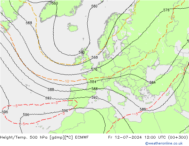 Hoogte/Temp. 500 hPa ECMWF vr 12.07.2024 12 UTC