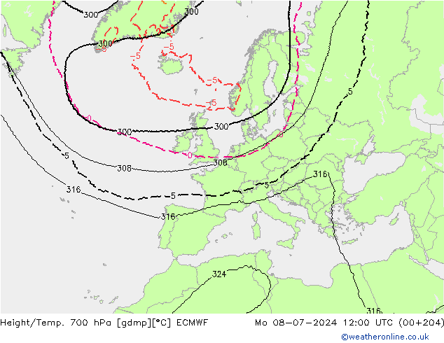 Height/Temp. 700 hPa ECMWF 星期一 08.07.2024 12 UTC