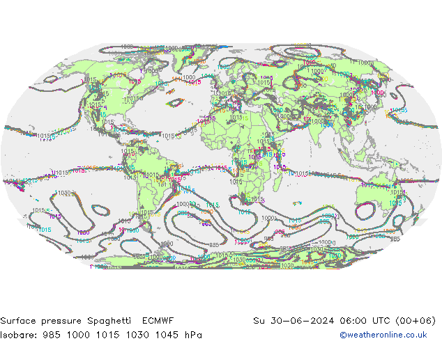 地面气压 Spaghetti ECMWF 星期日 30.06.2024 06 UTC