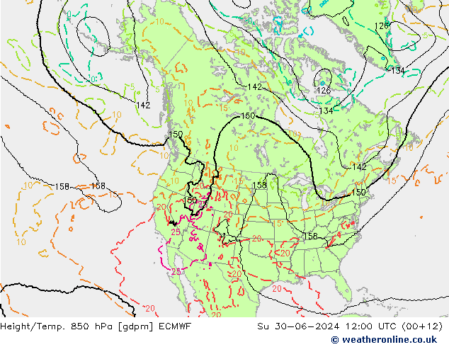 Hoogte/Temp. 850 hPa ECMWF zo 30.06.2024 12 UTC