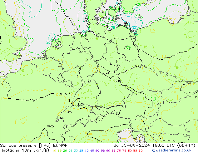 Isotachen (km/h) ECMWF zo 30.06.2024 18 UTC