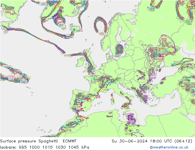 地面气压 Spaghetti ECMWF 星期日 30.06.2024 18 UTC
