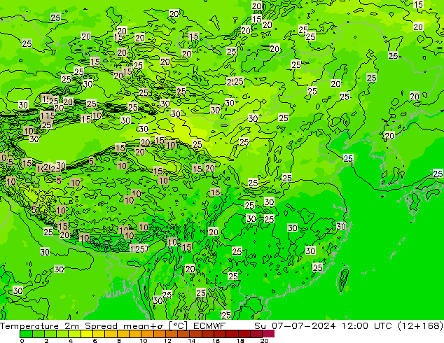 Temperatuurkaart Spread ECMWF zo 07.07.2024 12 UTC