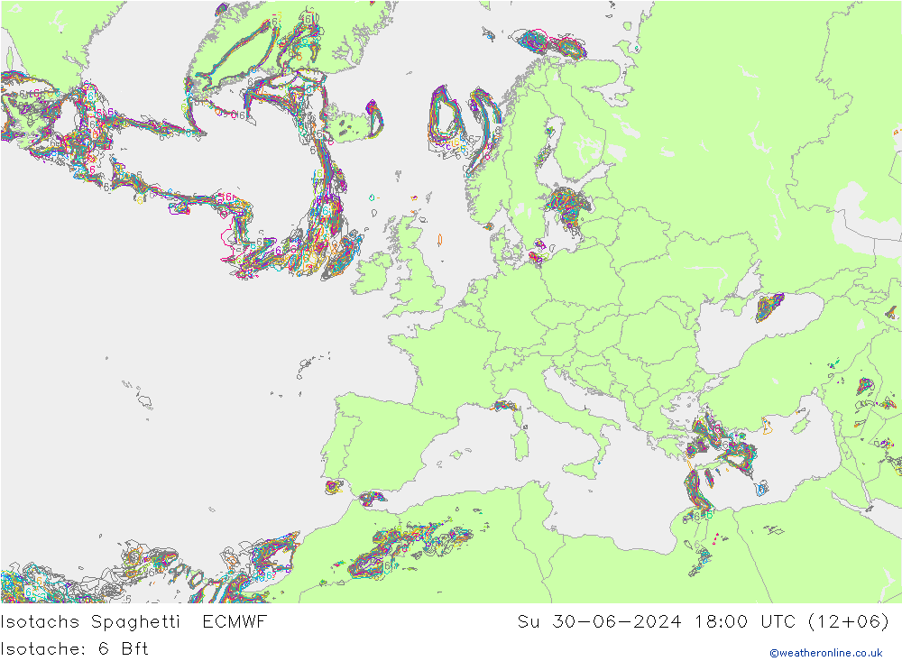 Isotachs Spaghetti ECMWF 星期日 30.06.2024 18 UTC