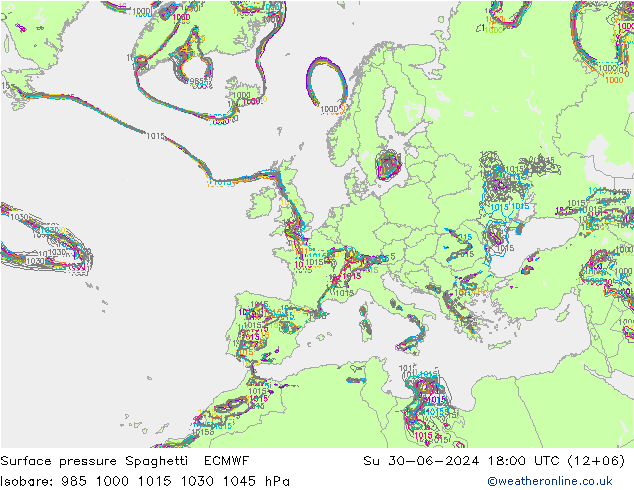 Luchtdruk op zeeniveau Spaghetti ECMWF zo 30.06.2024 18 UTC