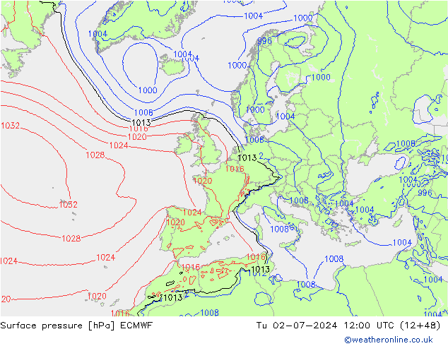 地面气压 ECMWF 星期二 02.07.2024 12 UTC