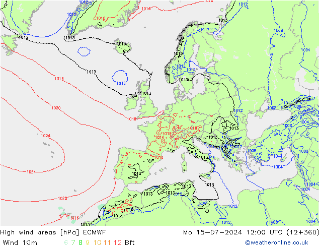 High wind areas ECMWF Mo 15.07.2024 12 UTC