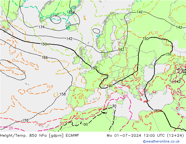 Height/Temp. 850 hPa ECMWF 星期一 01.07.2024 12 UTC