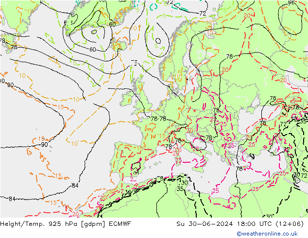 Height/Temp. 925 hPa ECMWF 星期日 30.06.2024 18 UTC