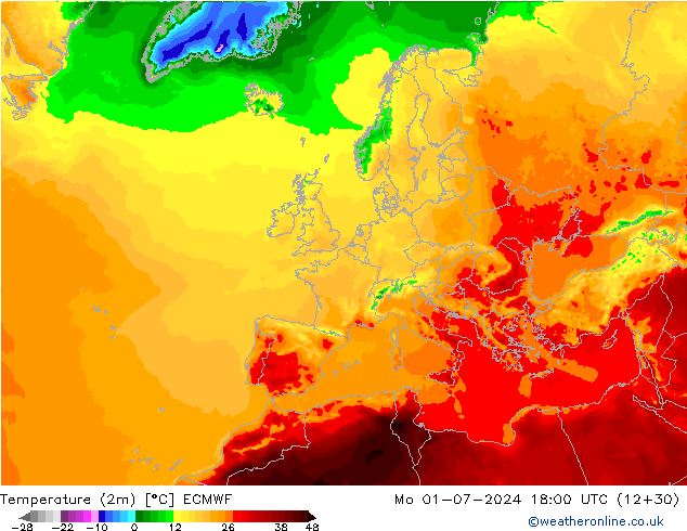Temperatuurkaart (2m) ECMWF ma 01.07.2024 18 UTC