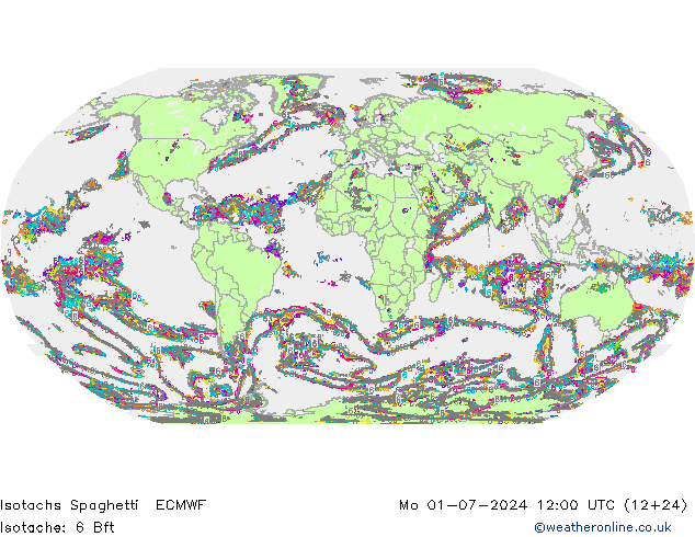 Isotachs Spaghetti ECMWF 星期一 01.07.2024 12 UTC