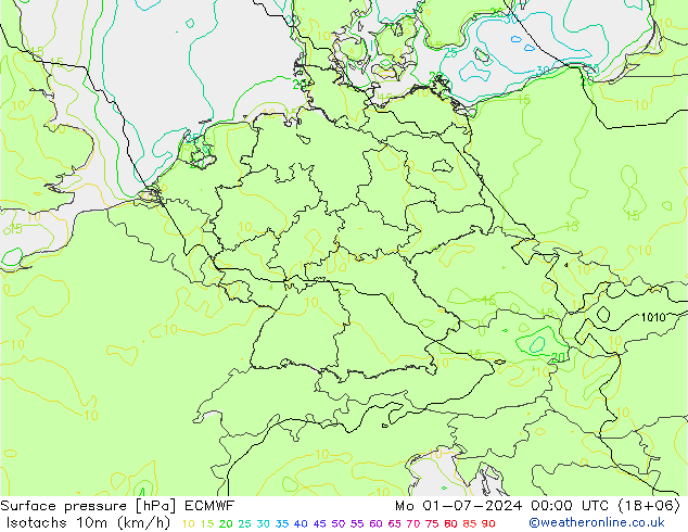 Isotachen (km/h) ECMWF ma 01.07.2024 00 UTC
