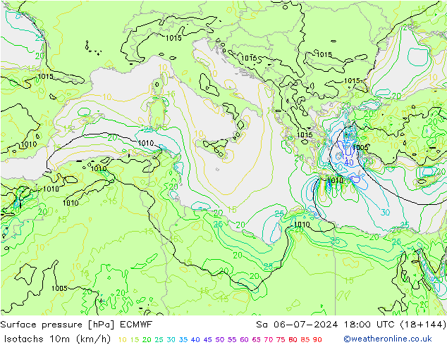 Isotachen (km/h) ECMWF za 06.07.2024 18 UTC