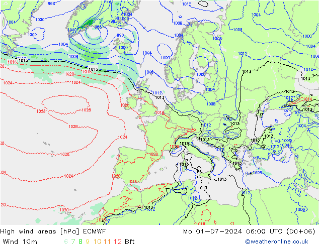 High wind areas ECMWF 星期一 01.07.2024 06 UTC