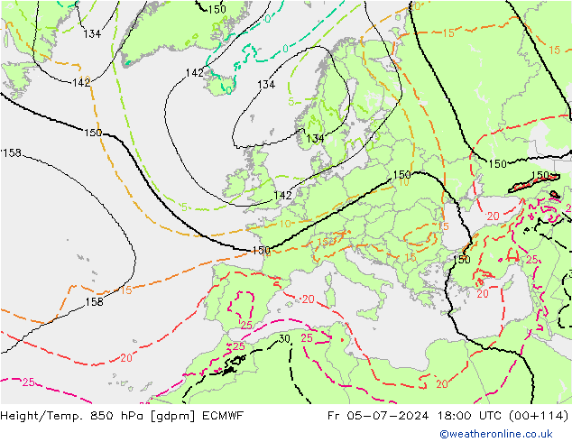 Hoogte/Temp. 850 hPa ECMWF vr 05.07.2024 18 UTC